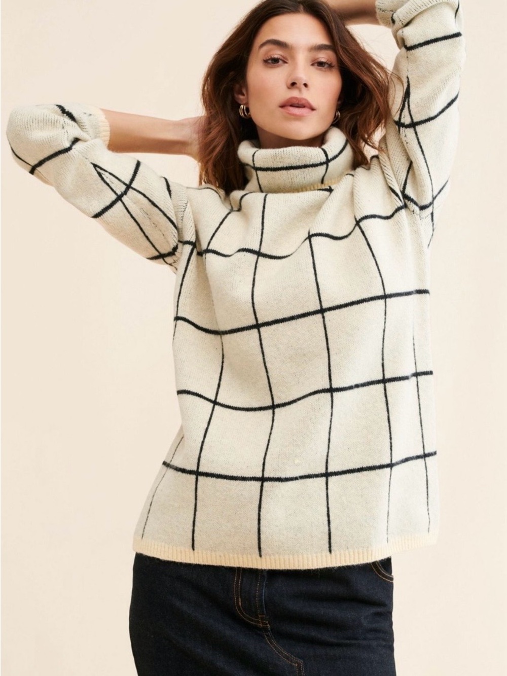Anthropologie Callahan Cream & Black Windowpane Turtleneck Sweater Size 2X